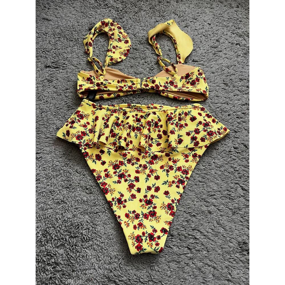Beach Riot Ruffle Bikini Set Yellow Red Floral Size S - Picture 3 of 6